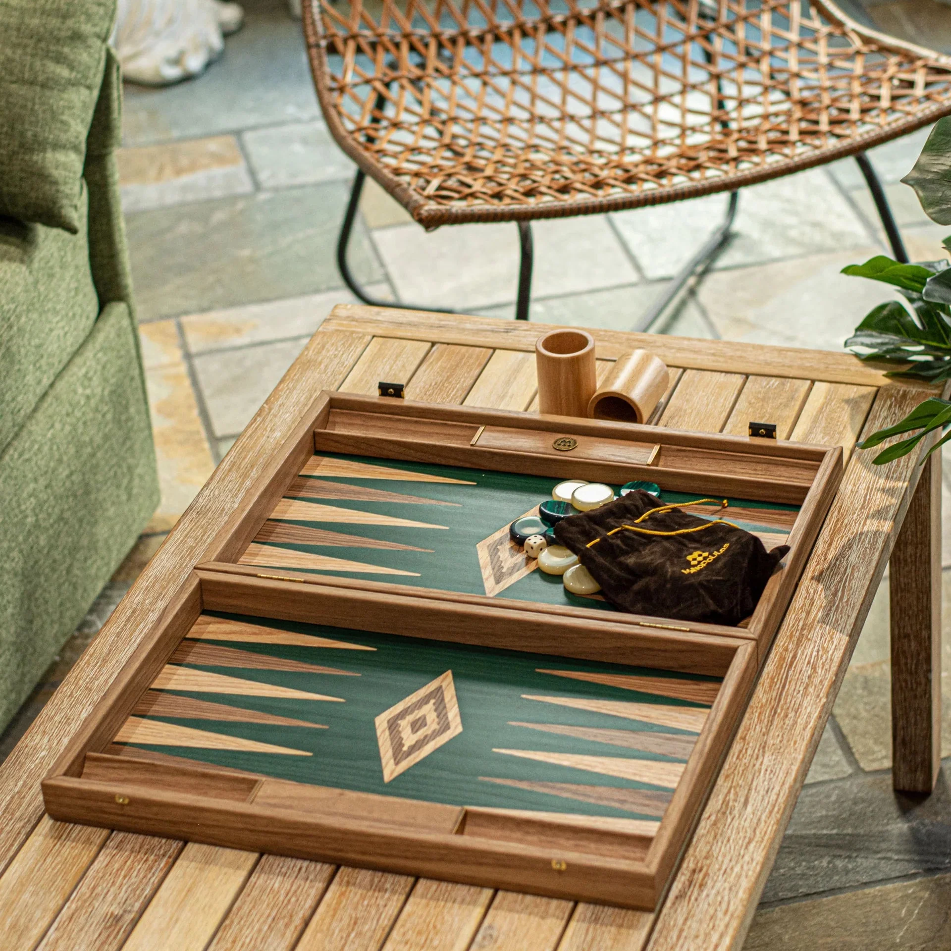 Backgammon en noyer - Vert - Image 3