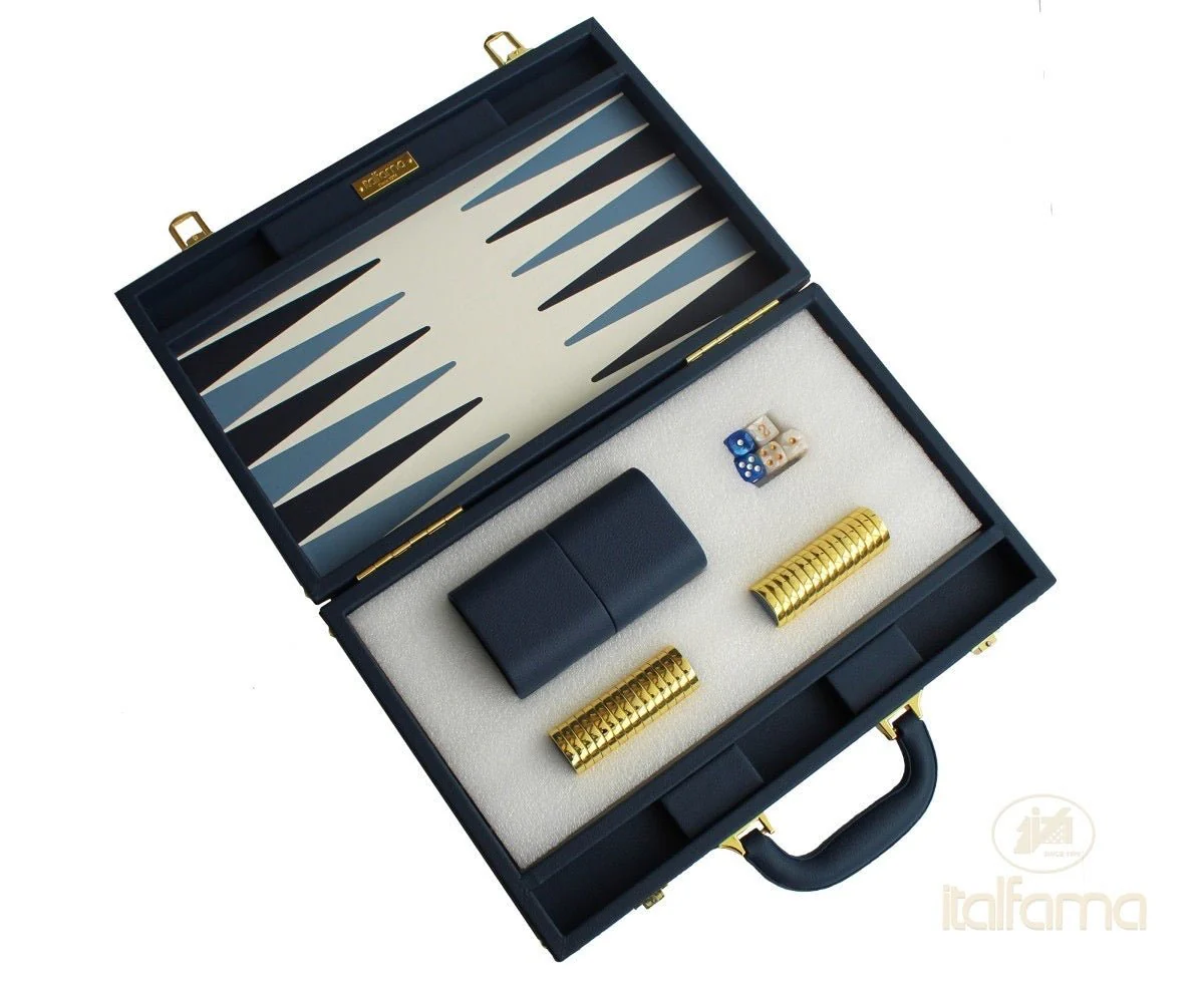 Backgammon luxe style cuir / pions cerclés dorés MM - Bleu - Image 3
